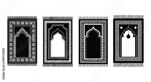 Four ornate islamic prayer rugs with geometric and floral designs