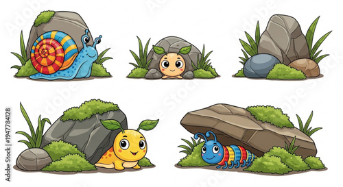 Cute cartoon insects and snails peeking from behind rocks and mossy patches in an illustrated outdoor scene
