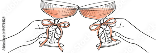 Cheers or drinking toast drawing. Glasses with martini in hands. Birthday party or bachelorette celebration with friends. Wine, champagne, prosecco, sangria cocktail vector cartoon illustration.