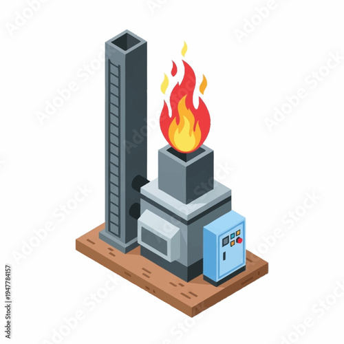 Isometric illustration of an industrial incinerator with flames, a chimney, and a control panel.