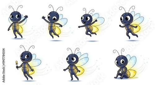 A vibrant set of eight adorable cartoon fireflies, each character captured in a unique and cheerful pose, glowing with magical light, ideal for engaging visual content and whimsical projects