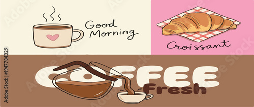 Hand drawn breakfast cards. Vector illustration of food and coffee in doodle naive ink, chalk, crayon drawing style. Minimalist line art for prints, posters, placards, menus in cafe or restaurant.