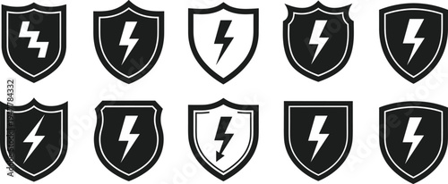 Shield with Lightning Bolt Icon Set for Security, Risk, and Protection Symbols