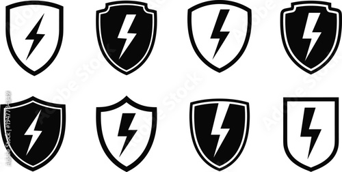 Shield with Lightning Bolt Icon Set for Security, Protection, and Risk Symbols