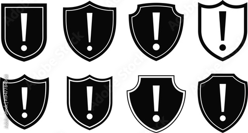 Shield with Exclamation Mark Icon Set for Warning, Alert, and Risk Protection Symbols