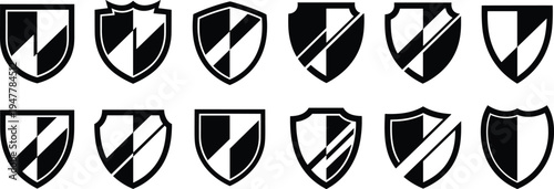 Cracked and Damaged Shield Icon Set with Lightning for Security, Protection, and Vulnerability