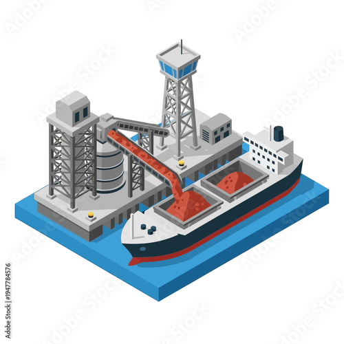 Isometric illustration of a bulk cargo ship being loaded with red ore at a port facility with conveyor belts and silos.