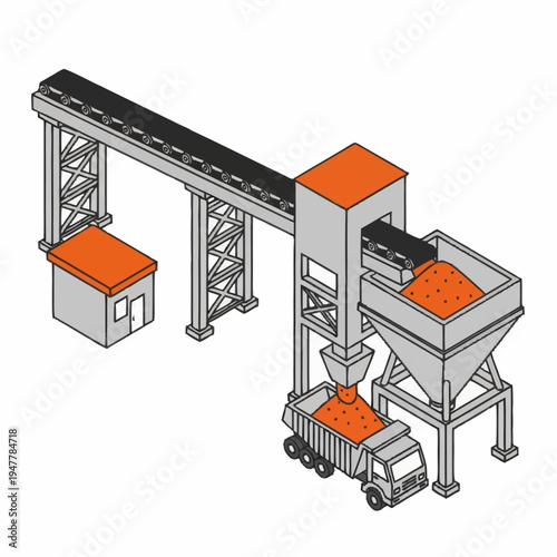 Industrial conveyor belt system loading bulk material into a dump truck from a large hopper.