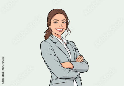 A woman in a suit stands with her arms crossed. She has a friendly smile and appears ready for business. The background is simple and light.