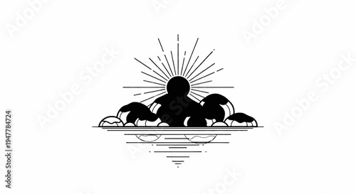 Stylized sun rising over rounded shapes, reflected in water