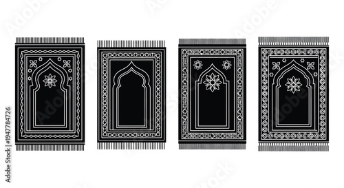 Four ornate islamic prayer rugs with geometric and floral designs