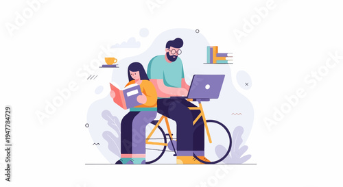 Minimalist illustration of people on a bike, reading, and working on a laptop