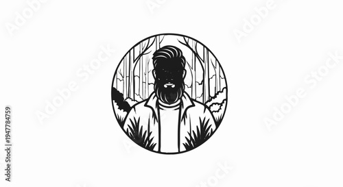Man with beard and mustache in circular forest outline