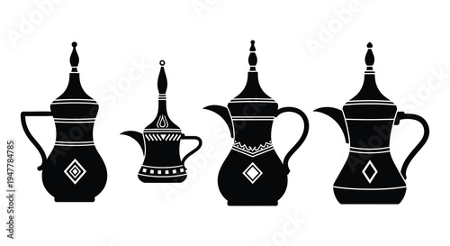 Four ornate black silhouettes of traditional arabic coffee pots