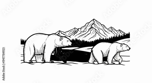 Two bears walk across a snowy landscape with mountains and trees behind
