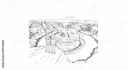 Two women gaze at a river winding through a canyon at sunrise