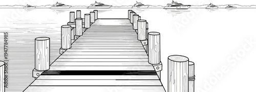 Wooden pier extends over calm water with moored yachts in background