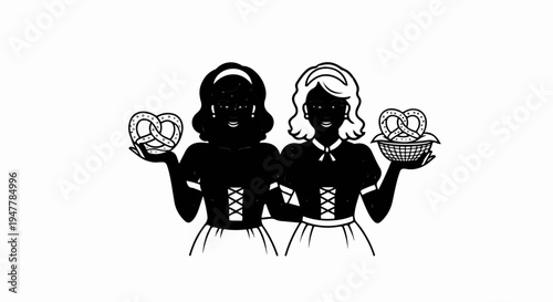 Two women in traditional clothing holding pretzels and a basket