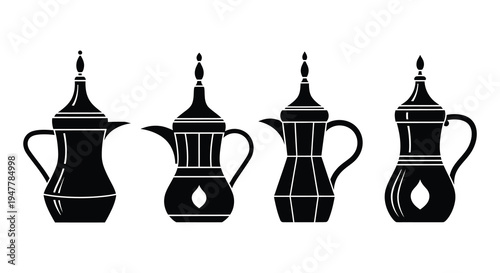 Four ornate black silhouettes of traditional arabic coffee pots