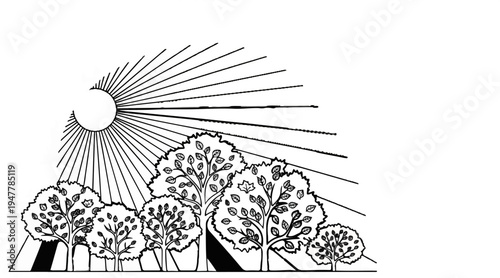 Stylized sunbeams radiate over a cluster of deciduous trees