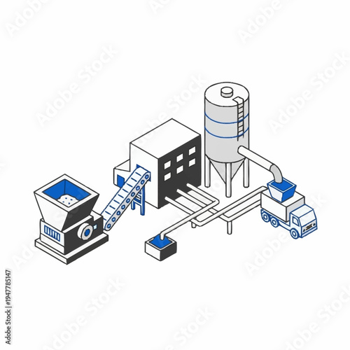 Isometric illustration of a factory with a conveyor belt, silo, and truck.