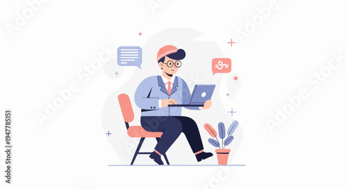 Person in business attire working on a laptop with communication icons