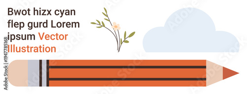 Education, creativity, nature, learning, design, content creation. An orange pencil alongside a delicate branch and cloud. Creativity and learning through writing tools and natural imagery