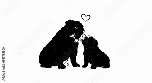 Two black bulldogs, one adult and one puppy, nuzzle noses with a heart