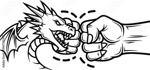 Black and white of a dragon head and two fists colliding collision impact power
