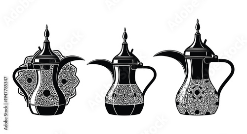 Four ornate black silhouettes of traditional arabic coffee pots