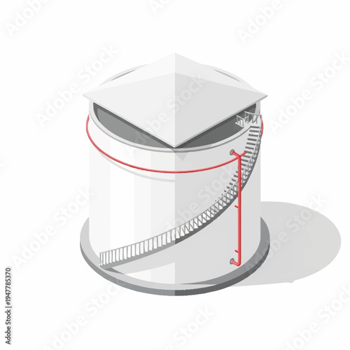 Isometric illustration of a large white industrial storage tank with a conical roof and external access ladder.
