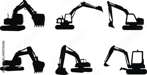 Set of excavator silhouettes showing different construction digger machines isolated on light background, heavy machinery equipment icons for construction, mining, engineering, and industrial design.