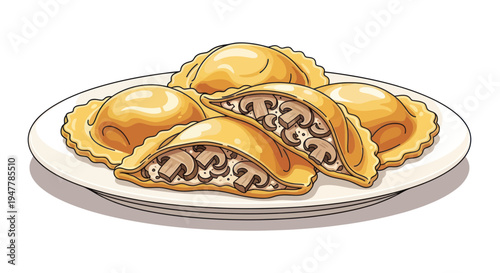 Delicious Mushroom Ravioli on a White Plate, Italian Food Illustration