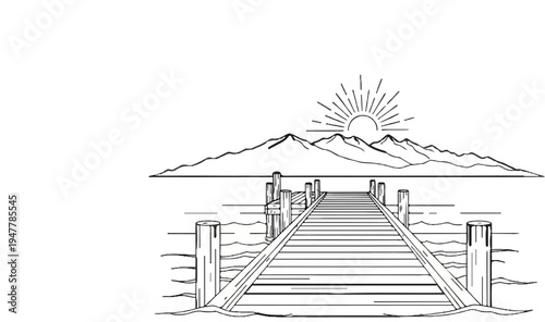 Wooden pier leads to mountains at sunrise over calm water