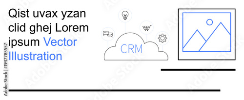 Business tools, networking, cloud computing, CRM software, data management, automation. Cloud labeled CRM, surrounded by digital icons and a framed image. Business tools and networking concept