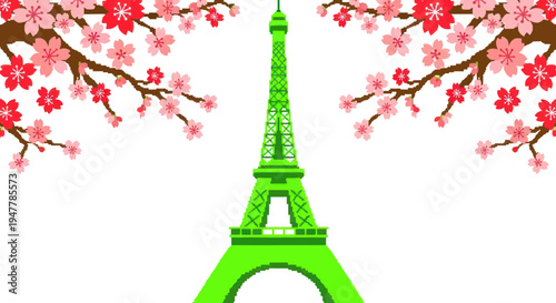 Green Eiffel Tower with Cherry Blossoms