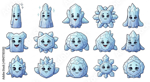 Adorable cartoon ice creature characters collection featuring various unique designs and expressions, perfect for game assets, whimsical winter themes, and creative digital projects