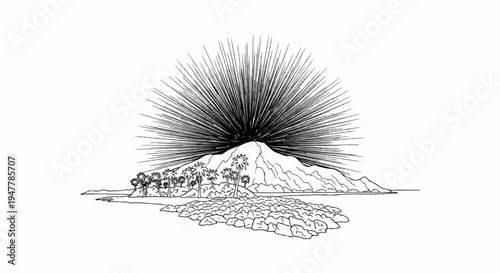 Stylized sunburst over a tropical island with palm trees and rocky shore