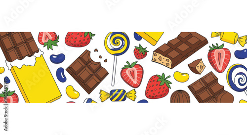 Sweet Treats Border: Chocolate Bars, Strawberries, Lollipops, and Candies Seamless Pattern