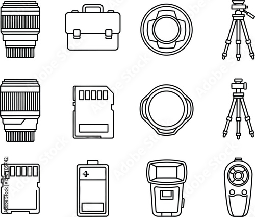 Camera lens briefcase memory card battery flash and tripod camera equipment gear camera accessory