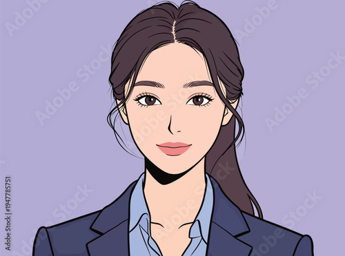 A woman stands straight, wearing a business suit and a light blue shirt. She has long brown hair and a neutral expression.