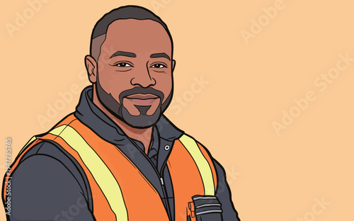 A man wearing a safety vest stands confidently, showcasing a friendly smile. He appears proud of his work in a studio.