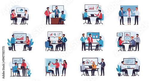Business meeting and presentation concept illustrations with people discussing charts and graphs in an office setting