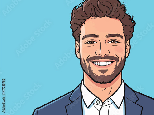 A man with curly hair smiles while dressed in a suit. He stands against a light blue background during daytime, looking happy.