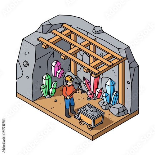 Isometric illustration of a miner extracting colorful crystals from a mine shaft with a cart and tools.