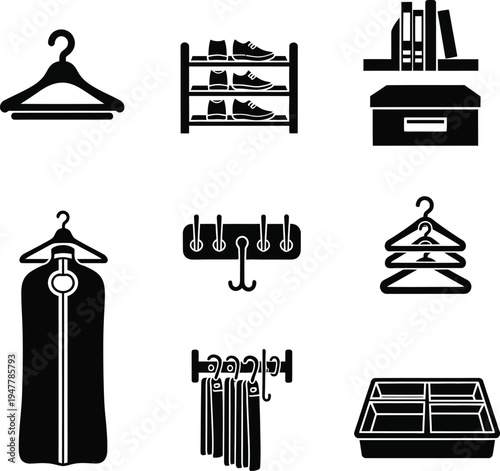Collection of black and white depicting clothing storage and organization hanger shoe rack 1