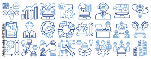 Engineering and Technology Icon Set. Outline Color Style Icons Including AI, cloud computing, data engineering, system integration, security, customer support, quality workflow maintenance teamwork