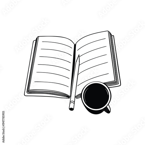 Black and white illustration of an open notebook with a pencil and a cup of coffee in hand drawn style vector art