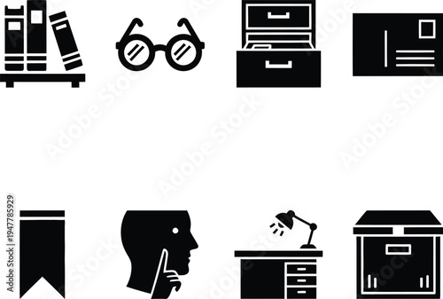 Collection of black for books glasses filing cabinet postcard bookmark head thinking desk lamp and box