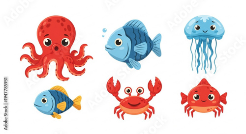 Charming Collection of Happy Cartoon Sea Animals with Big Eyes, Featuring Octopus, Fish, Crabs, and Jellyfish Illustrations for Kids' Education and Design Projects